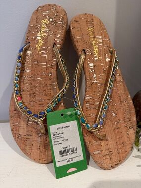 Lilly Pulitzer Naples Sandal Cork Flip Flop Gold Blue & Turquoise Trim Size 7